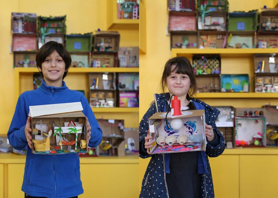 Children with their dream library models, which informed the brief for Thornhill Primary School’s library designed by Jan Kattein Architects.