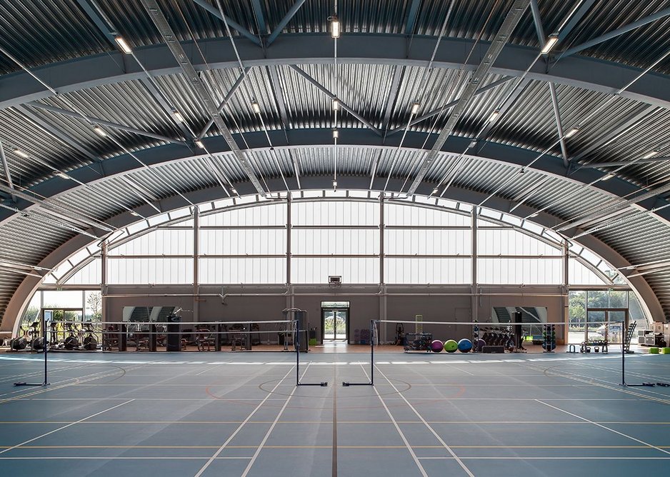 Inside the Hangar, sports pitch and gym.