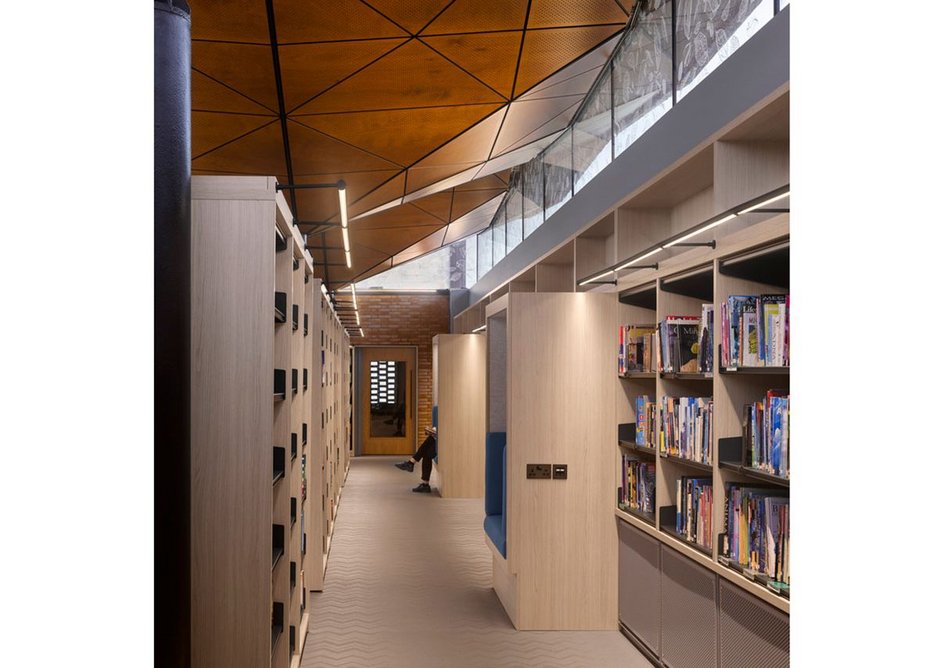 Shelves create spaces inside the building.