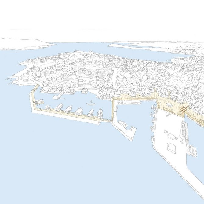 Infrastructure to tackle rising sea levels at Lerwick, envisaged by local citizen Alastair Hamilton with Ewan Anderson of 7NArchitects as part of What if…?/Scotland. Image Courtesy of 7N