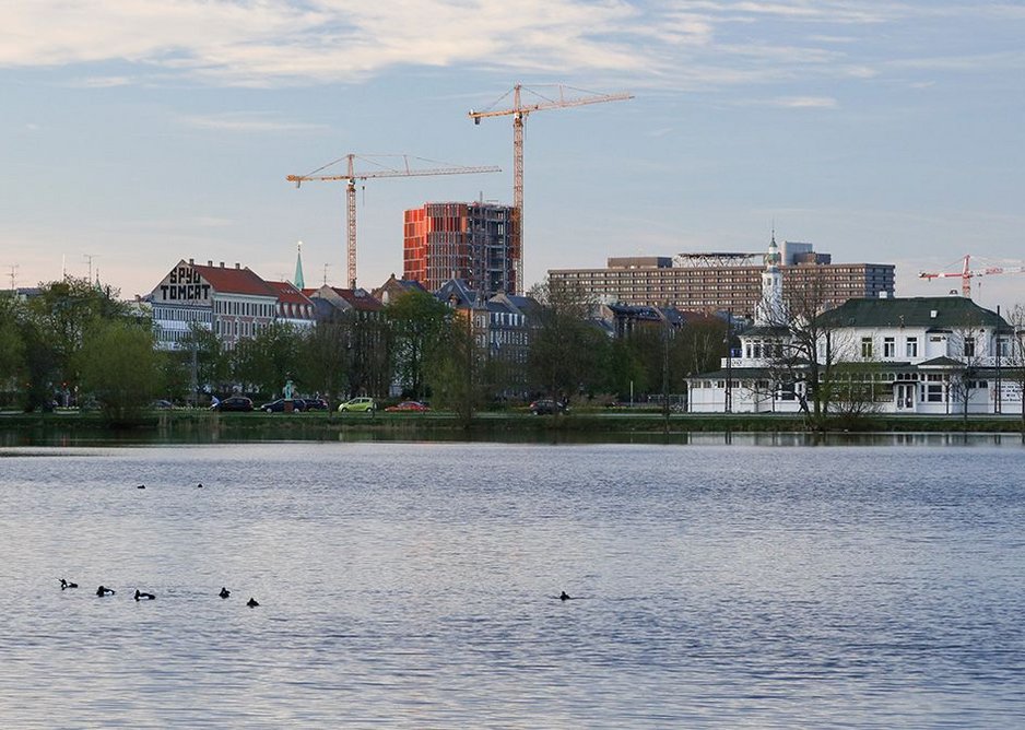 The Panum complex rising above the general level of the city, as seen from the city-side shores of the Søerne.