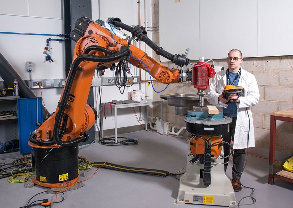 Kuka manufacturing robot at UCL’s Here East research and testing facilities, converted by Hawkins\Brown.