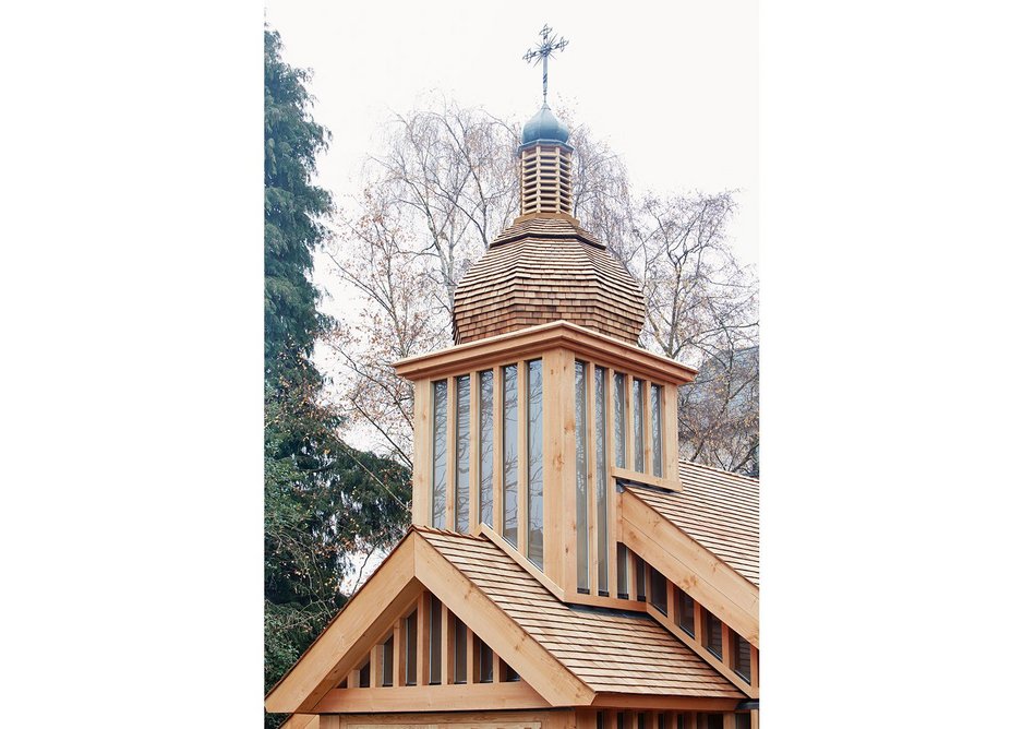 Bell tower with cedar clad cupola and roof.