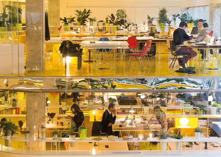 Reflective surfaces, oranges, yellows and greens give an energetic feel to Second Home Spitalfields.