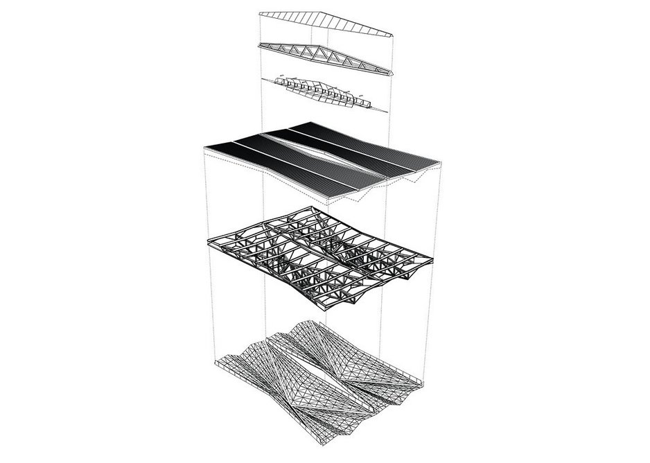 Exploded axonometric drawing of Pulkovo Airport's roof structure.