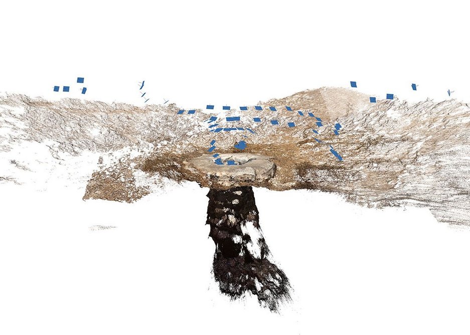 Point-cloud of the well of Awimer Salman Abu Medigam, September 2016, part of the investigation Destruction and Return in the al-Araqib Negev/Naqab. The blue rectangles indicate the positions of the individual image frames from which the 3D information was derived.