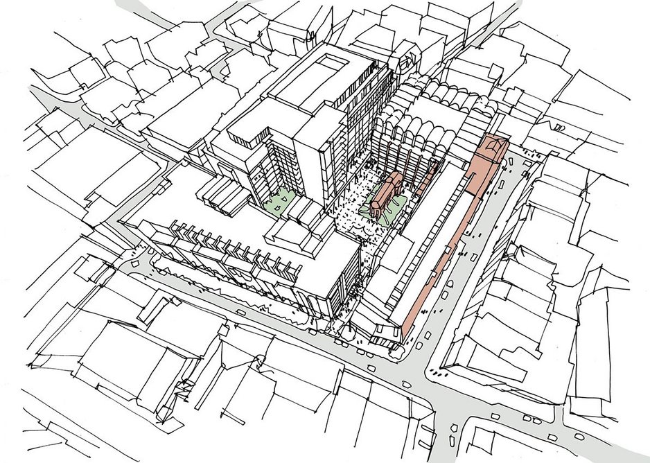 Where a hospital once stood, a city block now frames a gem of a chapel. South (top), facing towards Oxford Street, are the commercial buildings, while to the north and on the flanks flats overlook the square and street.