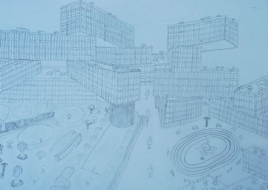 Lev took the OMA Interlace Building in Singapore in this pencil sketch and added detail such as a running track.