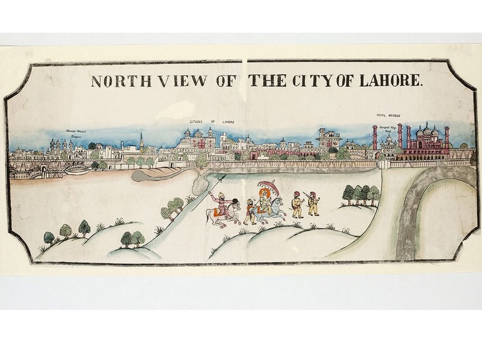 View of Lahore with Maharaja Ranjit Sing, Woodcut, c1870.