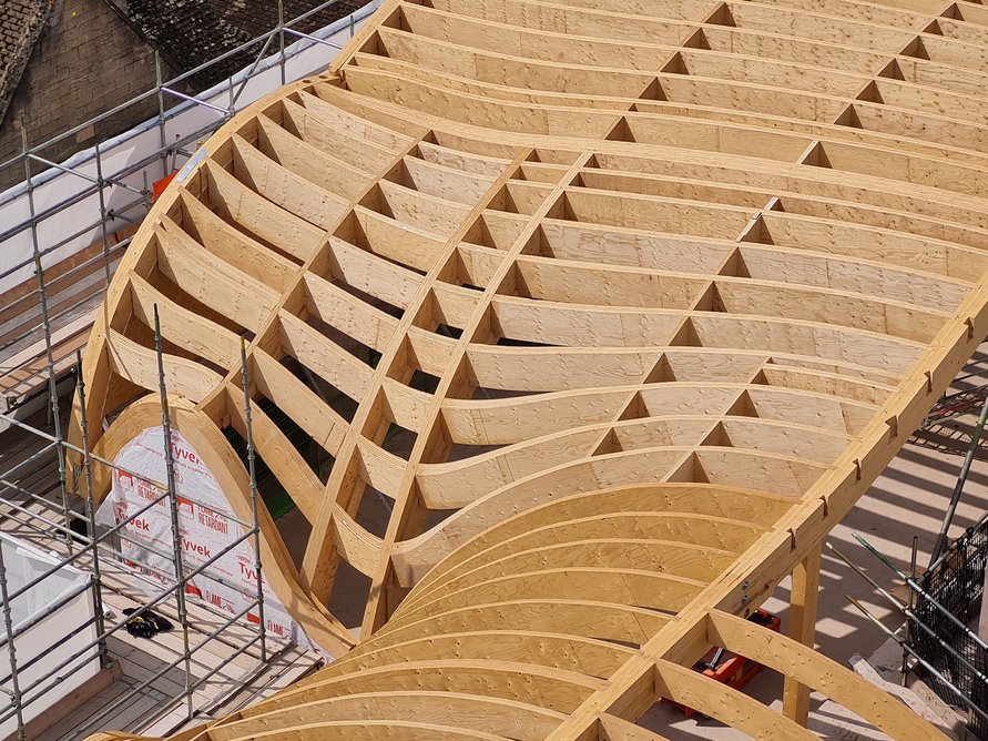 Aerial view of the roof under construction at Gradel Quadrangles, New College.