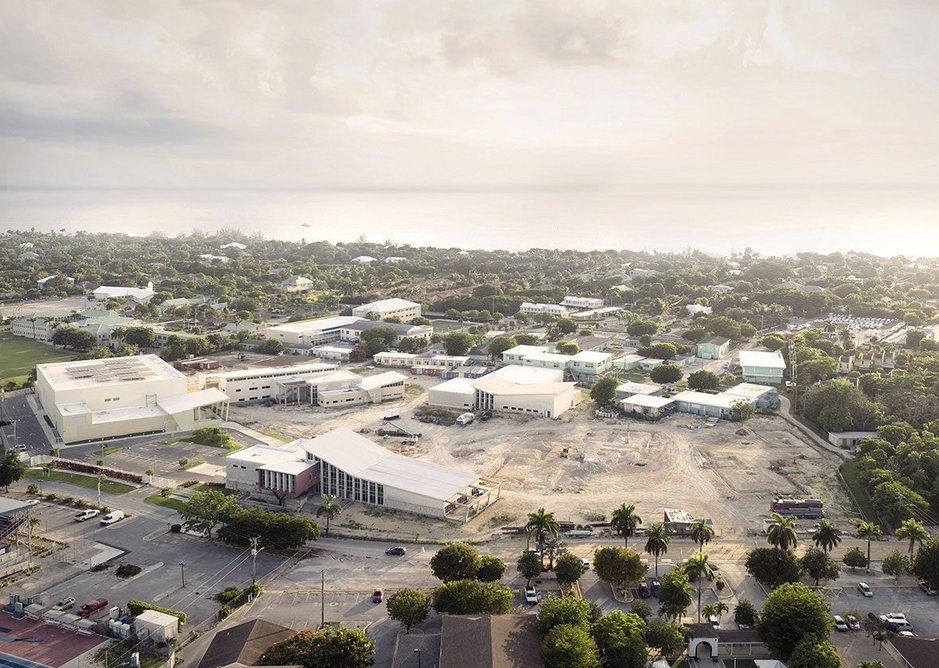 John Gray High School, Grand Cayman.  Before and after – the abandoned shell buildings are repurposed in and connected in the completed high school.