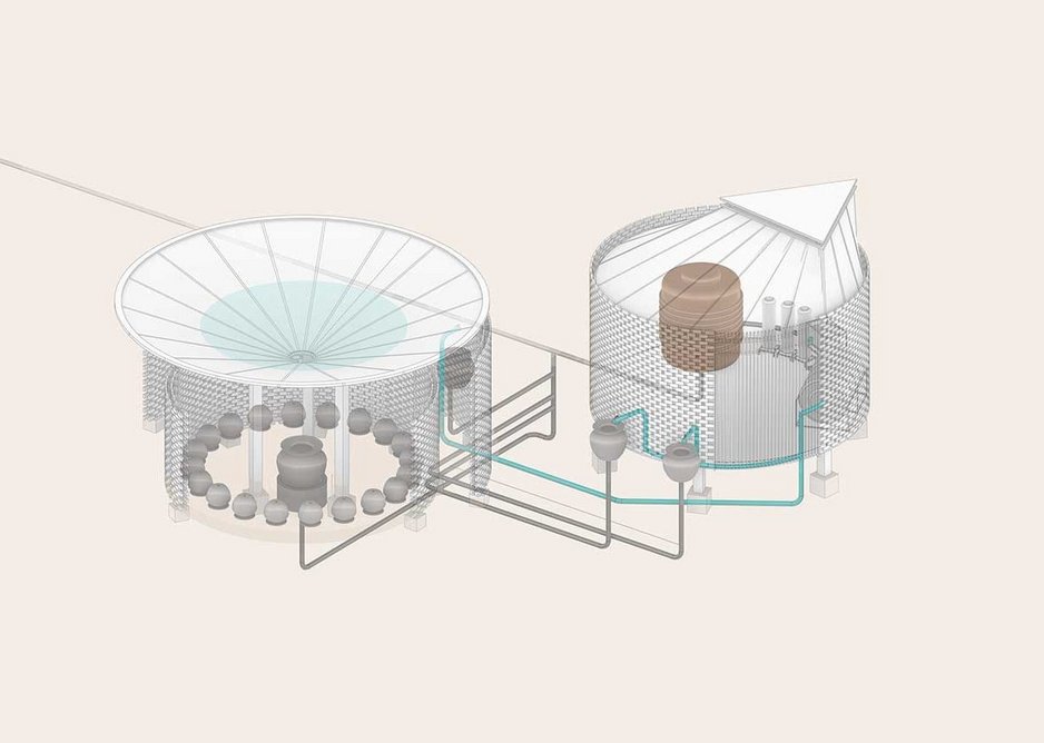 Diagram showing the relationship of the water collector/ social space with the treatment plant building, dealing with both run off and sub-ground lake water.