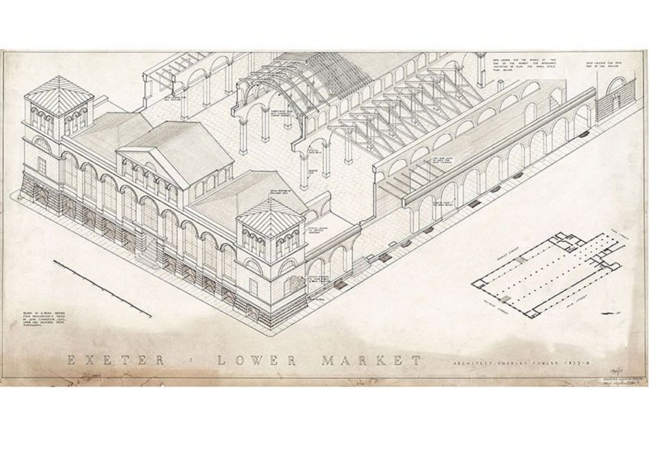 Drawing of Lower Market in Exeter, Devon, drafted from measurements taken after the building was damaged by bombing in 1942, from What Remains at the Imperial War Museum London.