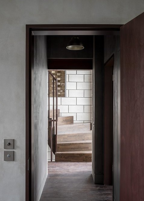 Clay plaster and timber accents soften the material palette.
