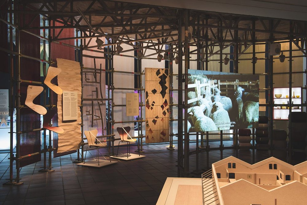 Living Structures installation, showing Atelier LUMA’s project for a veneer created from an invasive species (left).