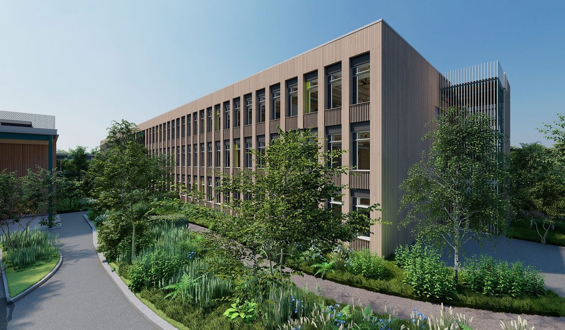 Render of classroom block, one of three main elements in the GenZero prototype secondary school. Credit: Lyall Bills & Young Architects and Ares Landscape Architects.