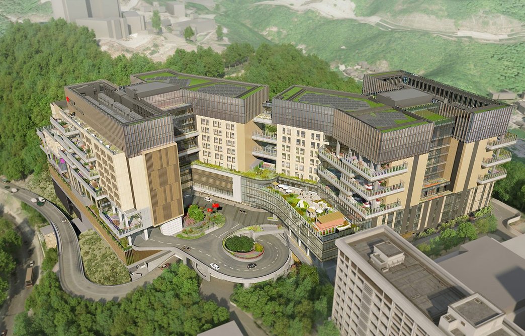 Farrells’ render of the redevelopment of Kwai Chung Hospital (Phase 2), a 1,000-bed psychiatric hospital in Hong Kong.