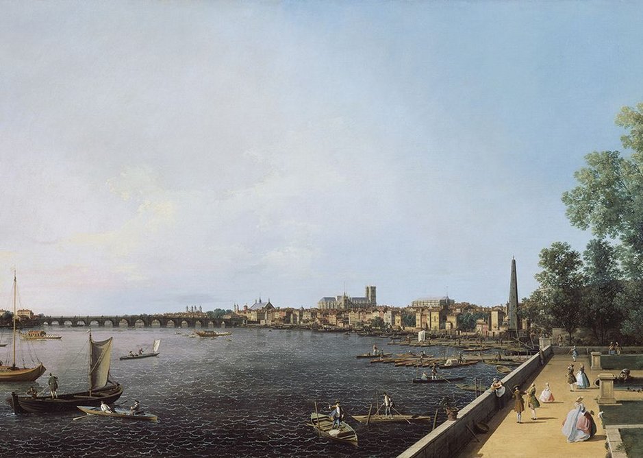 Westminster Abbey presiding over the London view from Somerset House in this Canaletto.