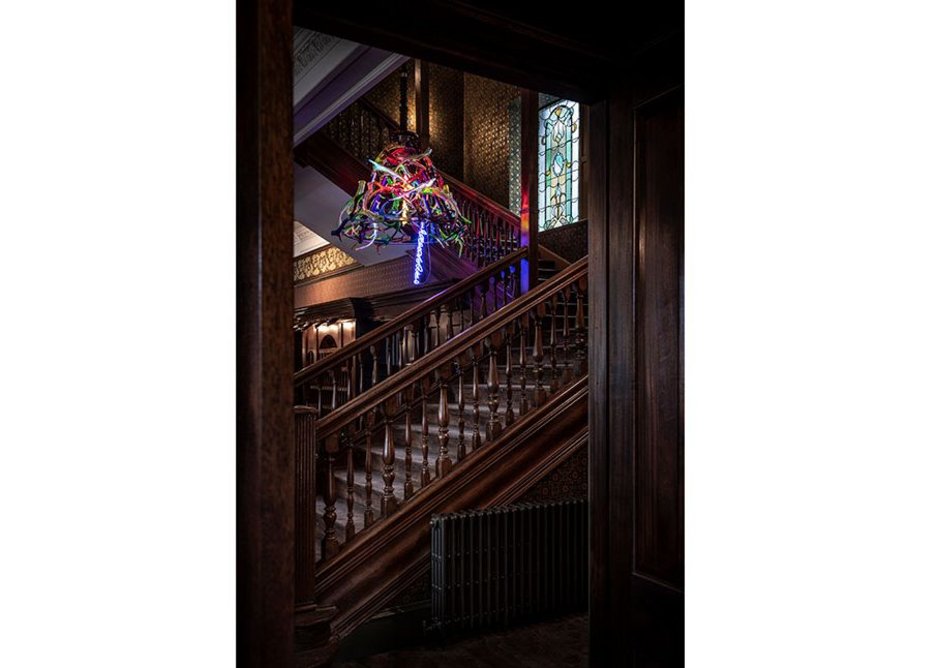 Historic staircase and modern art: Fife Arms, Braemar, Cairngorms.