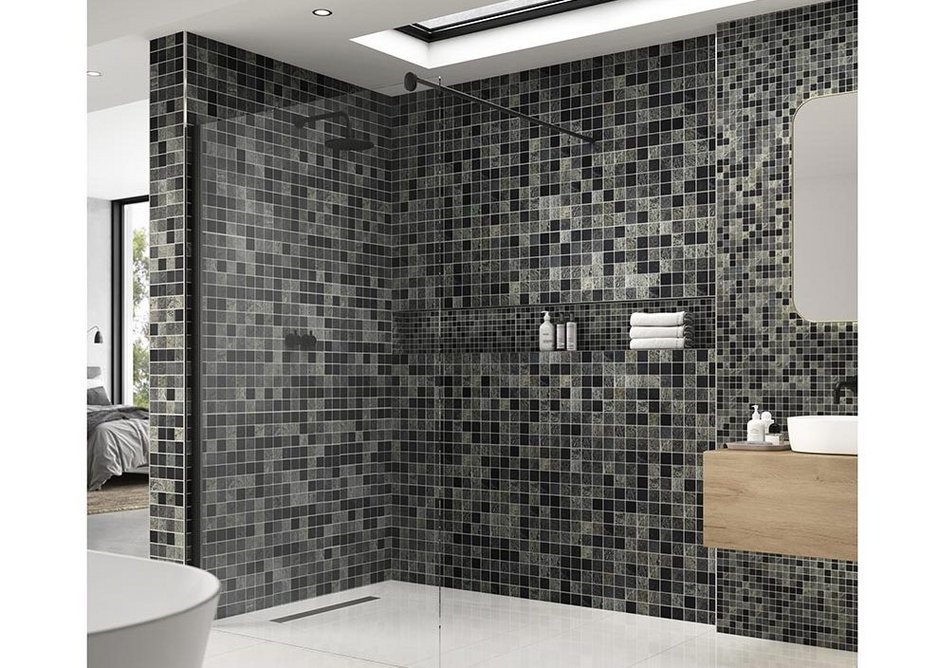 Marmox Slicedstone Mosaics on a roll offer inspiring solutions for the design and renovation of bathrooms and wetrooms. Shown here in 952 Slate/Lava Stone/Sea Stone.