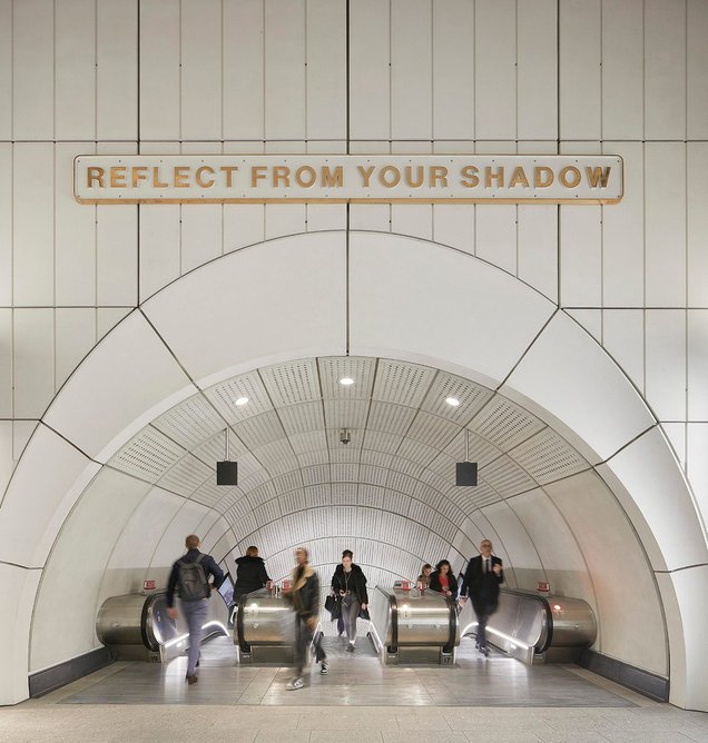 Entrance to escalator at Bond Street Station by John McAslan + Partners with artwork by Darren Almond.