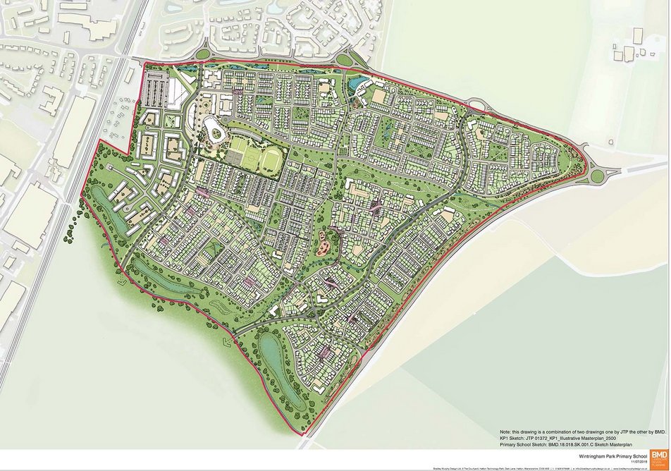 The new 2800-home development is sited on former agricultural land. In this site plan the school is at the top left boundary.