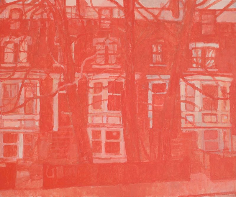Red-brick terrace on Cardigan Road I by Jonathan Hooper, 2021, from the Where We Live exhibition at Millennium Gallery, Sheffield.  The painting is part of a series exploring the suburban Leeds