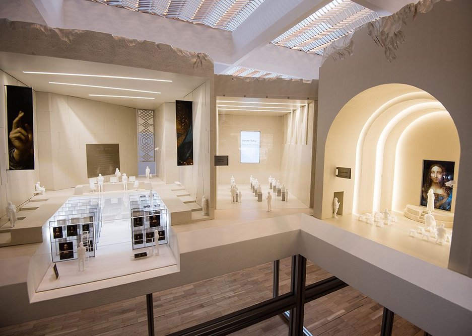 The Salvator Mundi Experience by Simon Fujiwara and David Kohn Architects presents a miniature museum for the Leonardo da Vinci painting housed in a building of sampled architecture. From the exhibition Is This Tomorrow? at the Whitechapel Gallery. Courtesy the Whitechapel Gallery