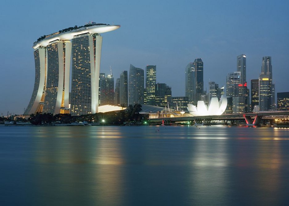 Marina Bay Sands, Singapore dominating the skyline in the view from the water.