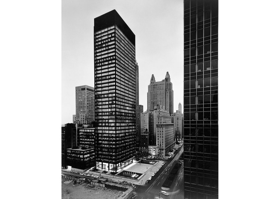 As the sun goes down and the lights go on: Seagram Building, view from northwest at dusk.