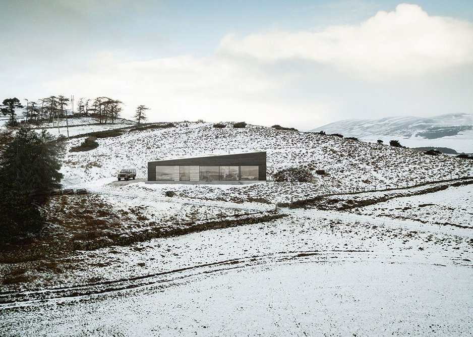 Spyon Cop, a £240k, 123m2 single storey holiday home under construction up a track in the Cairngorms.