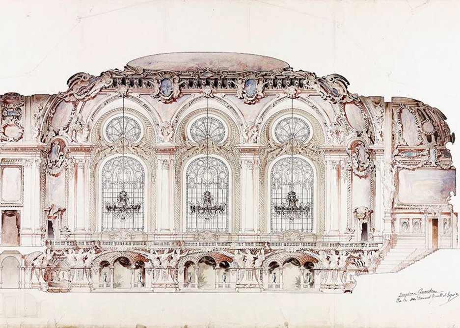 Design for a ballroom in a theatre – section showing chandeliers, 1893.