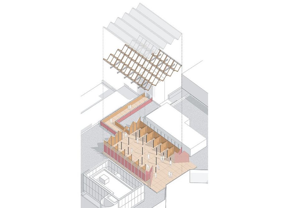 Axonometric showing Rooftop Refuge’s structure, which combines SterlingOSB Zero roof trusses, panels and decking with polycarbonate roof panels.