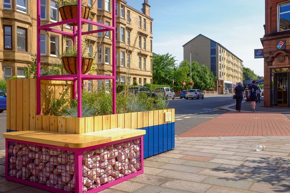 Multi-functional  parklets improve public  space on Kilmarnock  Road in Shawlands, Glasgow.
