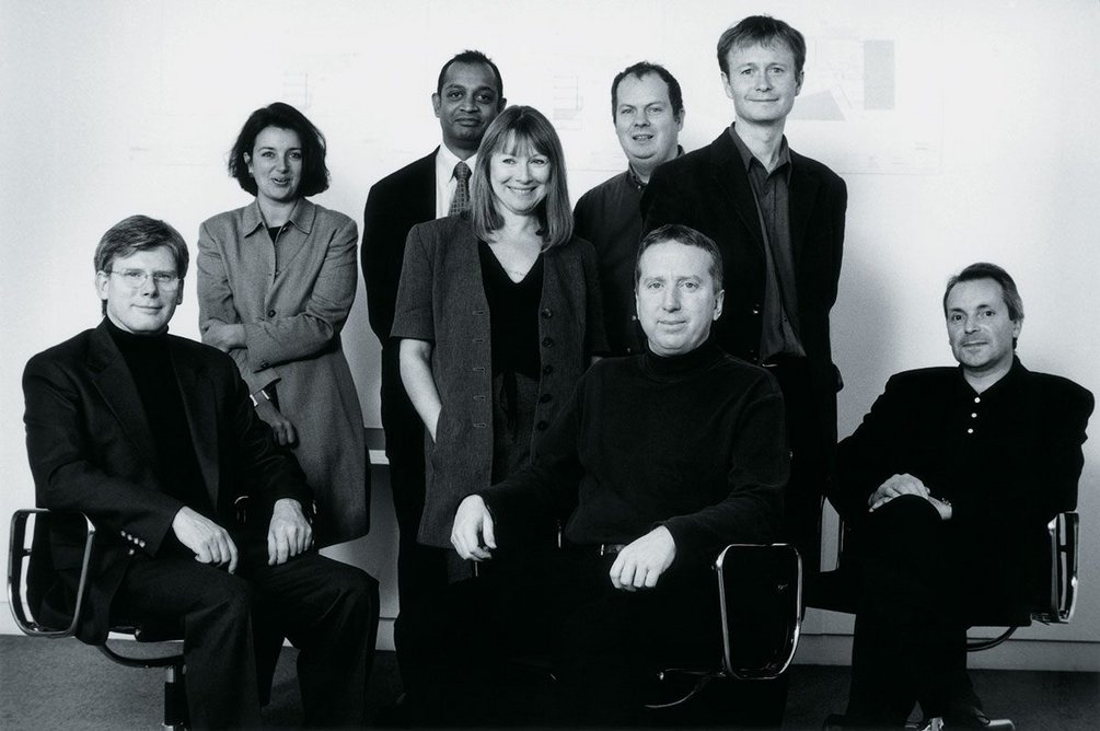 Allies and Morrison partnership (historic). Pictured left to right: Graham Morrison, Jo Bacon, David Amarasekera, Jo Saunders, Robert Maxwell, Paul Appleton, Bob Allies and Chris Bearman.