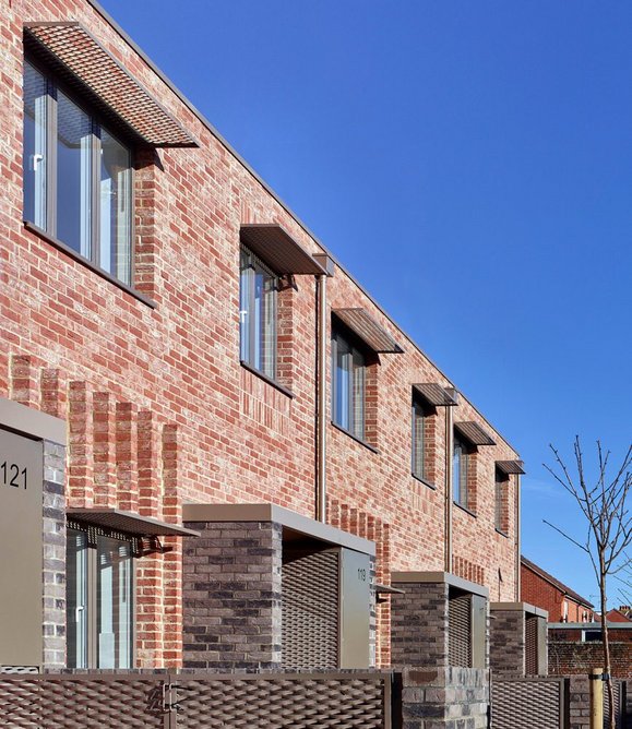 Bell Phillips’ Riverside Road housing for Watford Borough Council, a terrace of five family homes that the firm designed according to Passivhaus principles.