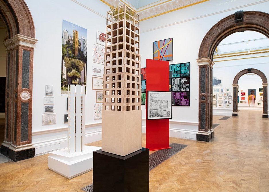 RA Summer Exhibition 2020, a model of Groupwork’s 30 storey stone tower research project is the foreground.