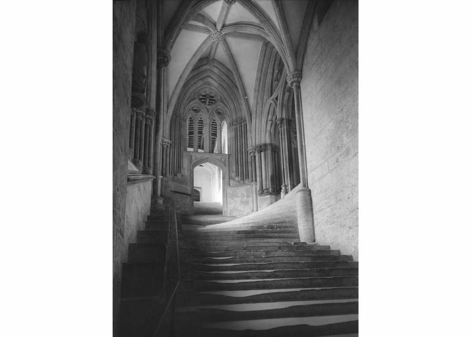 The staircase becomes a hillside, steps leading to the chapter house, Wells Cathedral, Somerset (1968).