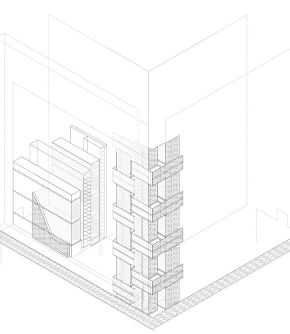 Axonometric drawing showing wall build up and corner detail of limestone brickwork