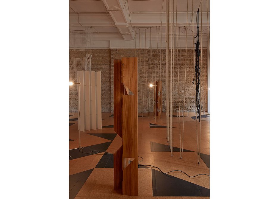 Leonor Antunes: The Frisson of the Togetherness at the Whitechapel Gallery. The hanging and standing elements help guide the viewer through the gallery.