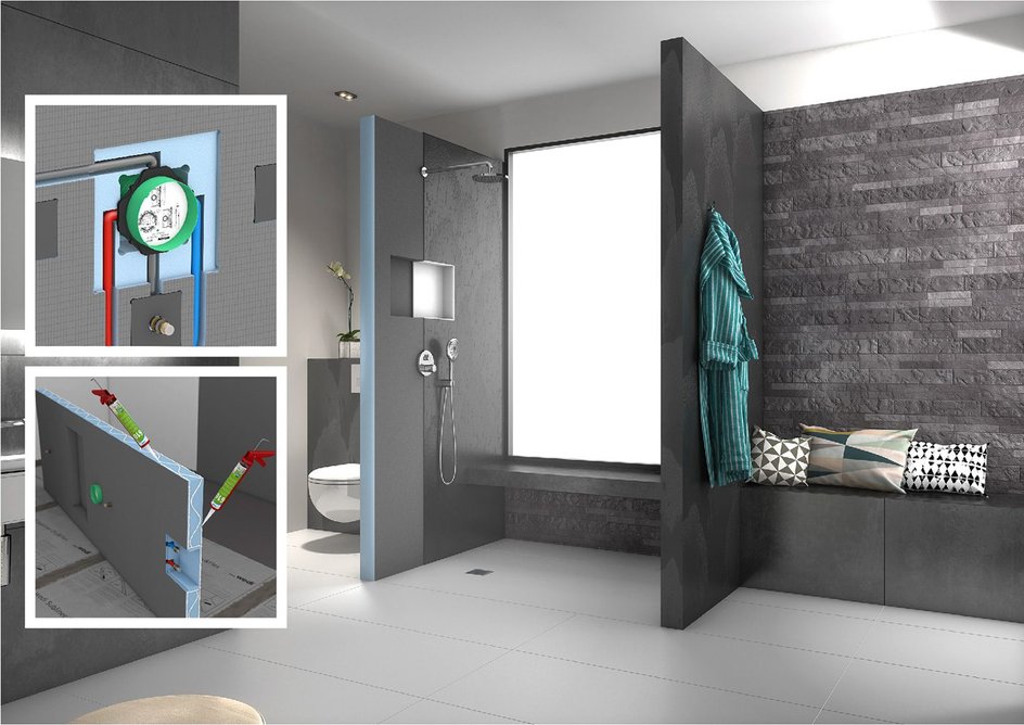 Wedi Sanwell shower module: The width and thickness of the wall, the height of the iBox and reinforcements for the shower head and hand-held shower are all determined by the client.