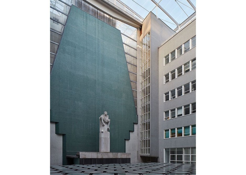 The memorial courtyard, with Jacob Epstein’s Pieta, against its screen of green mosiac and delicate Pyrex tubes.