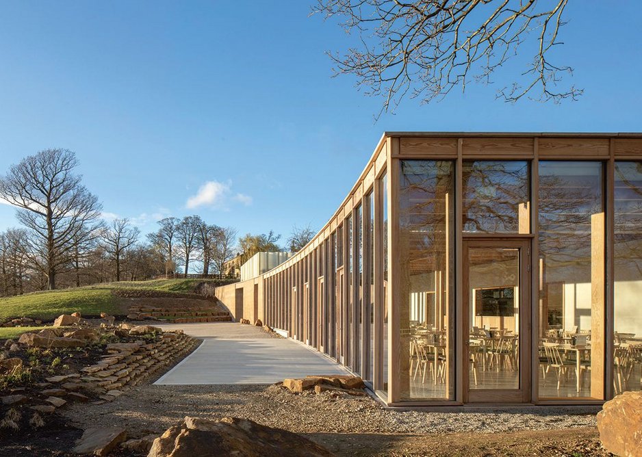 Finely crafted glazed spaces on the western side. Feilden Fowles, RIBA regional award and sustainability award and regional client of the year award 2019. Credit Peter Cook