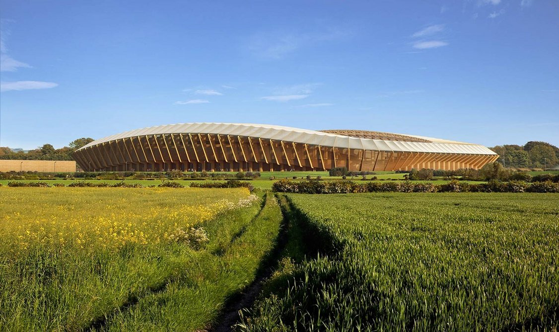 Forest Green Rovers Stadium (2016). Render by MIR, courtesy of Zaha Hadid Architects. From Football: Designing the Beautiful Game at the Design Museum.