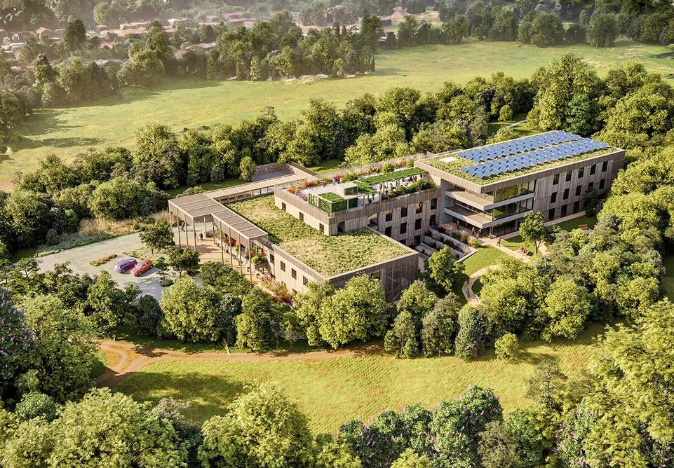 The proposed Haverhill care home, designed by WGP Architects, is primarily clad in timber to reference its wooded setting.
