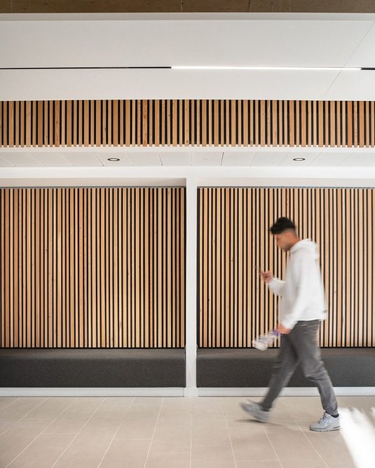 Timber slats throughout provide effective levels of acoustic attenuation.