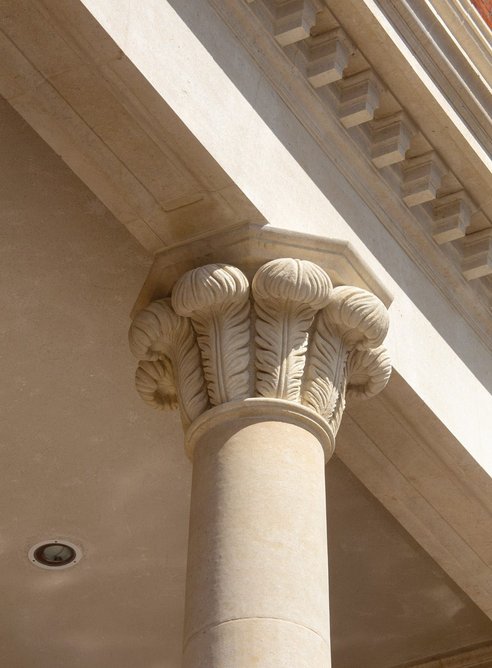 The completed ostrich feather stone capital, part of ADAM Architecture’s new pavilion at Oval Cricket Ground.