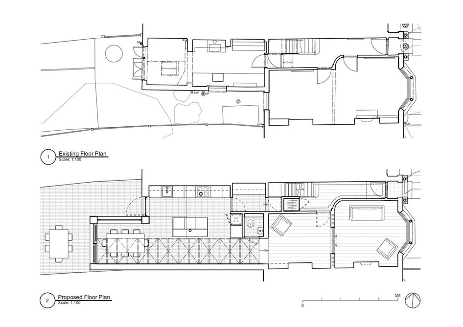 Existing and proposed ground floor plans.