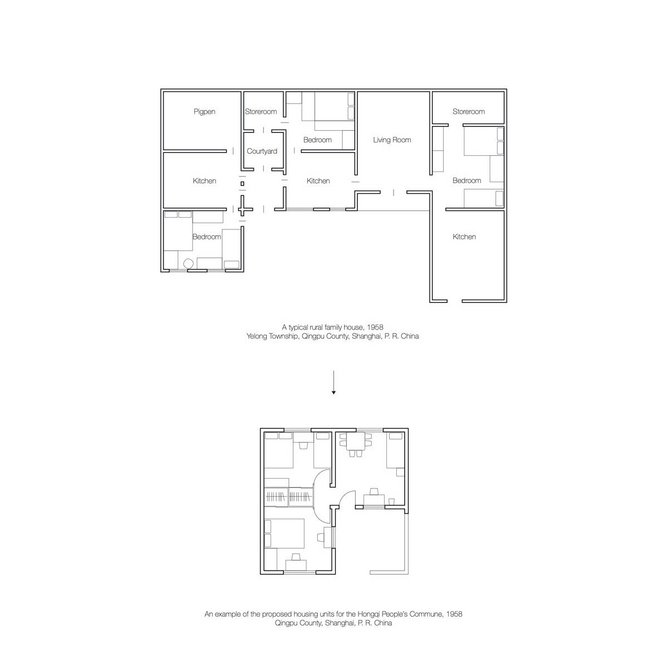 Pre-commune rural houses v.s. the proposed housing units for the Hongqi People’s Commune.