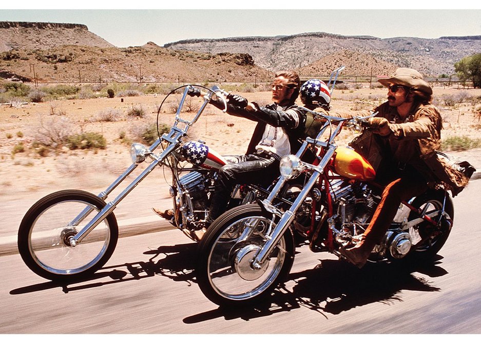 Publicity still from the film Easy Rider, 1969. Sunset Boulevard / Corbis / Getty Images. Captain America chopper motorbike designed by Ben Hardy and Clifford Vaughs.